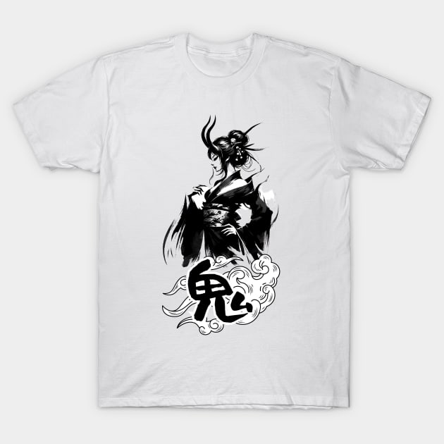 Horned Shadow Geisha, Mythical Japanese Demoness Art Tee T-Shirt by Yokai Realm